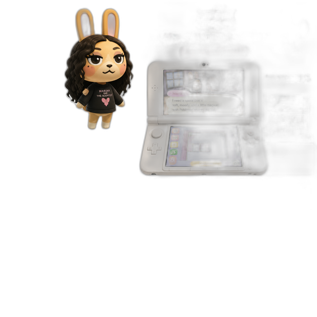 Mariah The Scientist as an Uchi Rabbit Villager in Animal Crossing: Happy Home Designer for the 3DS, showcasing her house, Mariah The Scientist themed aesthetics, 3DS gameplay footage, exterior and interior, Pokemon theme - AI generated emoji