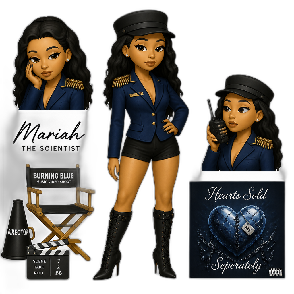 Mariah The Scientist, blue long sleeved concierge jacket, gold bullet shoulder strap, black shorts, black army cap, black stiletto boots, 'Burning Blue' music video shoot, 'Hearts Sold Seperately' album - AI generated emoji