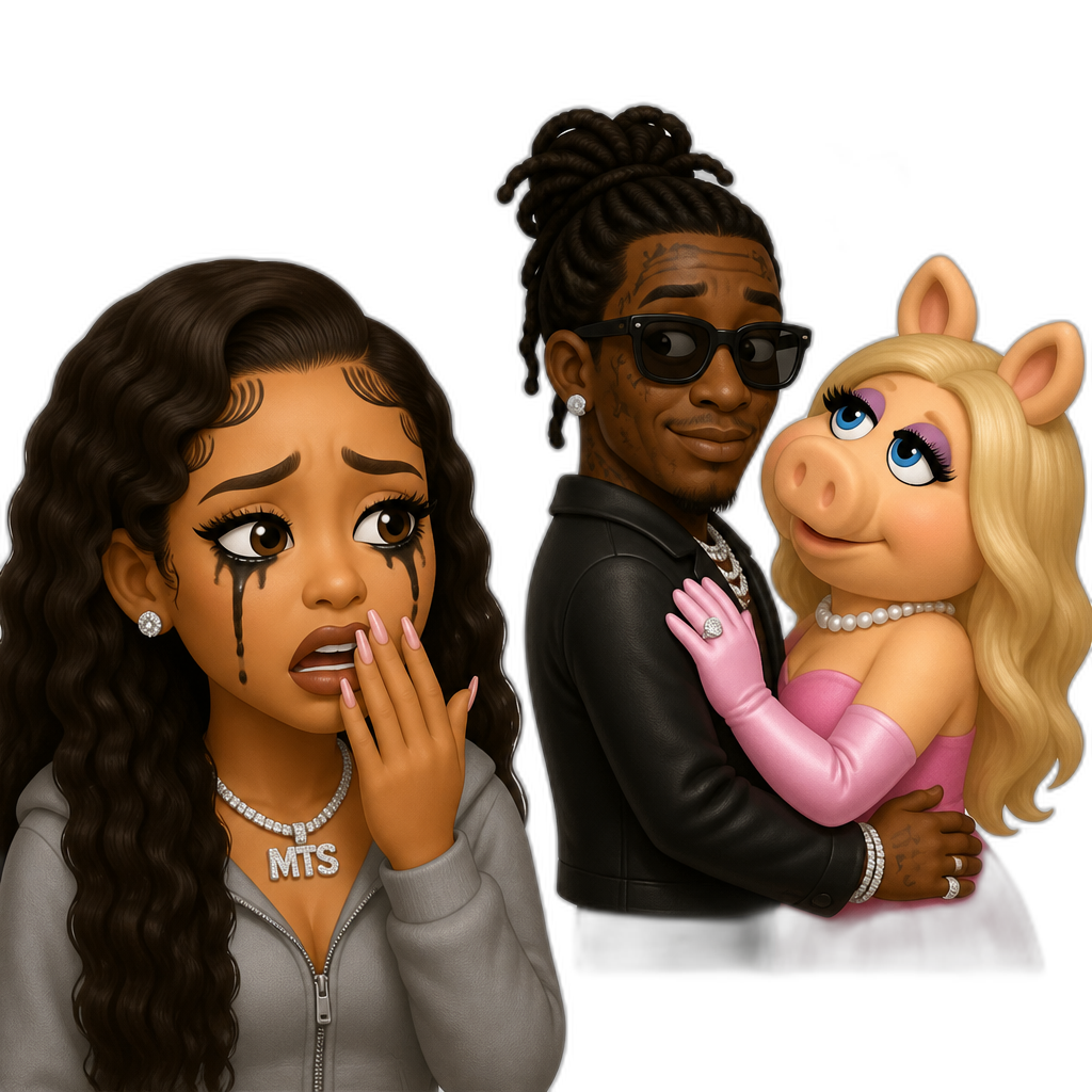 Mariah The Scientist catching Young Thug cheating on her with Miss Piggy, Mariah crying with running mascara - AI generated emoji