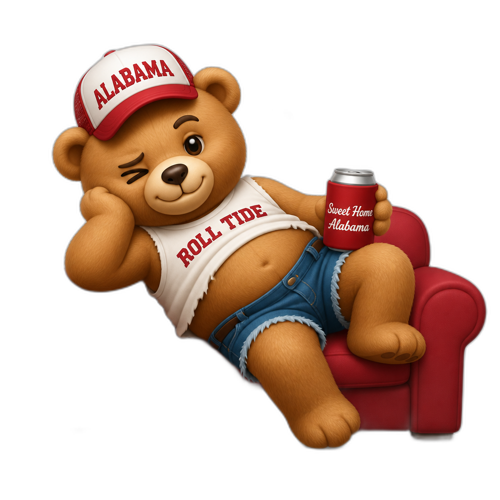 Create a Teddy bear who is a flirty reveal misbehaving Alabamian on the couch. any fur color - AI generated emoji