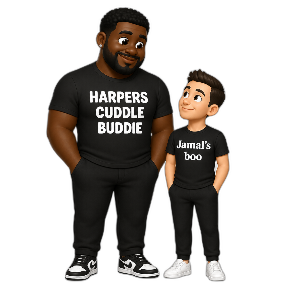 a big black dude wearing a black shirt with white text that says HARPERS CUDDLE BUDDIE and a small white guy who is shorter then him with dark hair with no berad who is shorter then the black dude who also has a shirt that says Jamal's boo - AI generated emoji