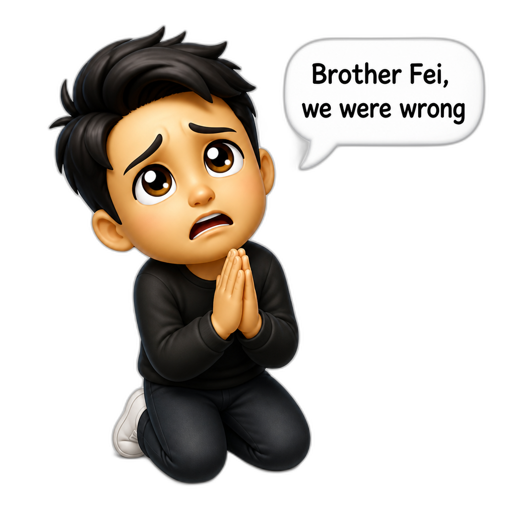 emoji of a person kneeling on the ground and begging for mercy. Pleading expression. Saying "Brother Fei, we were wrong". Cartoon style. Enlarged head. 3D lighting. - AI generated emoji