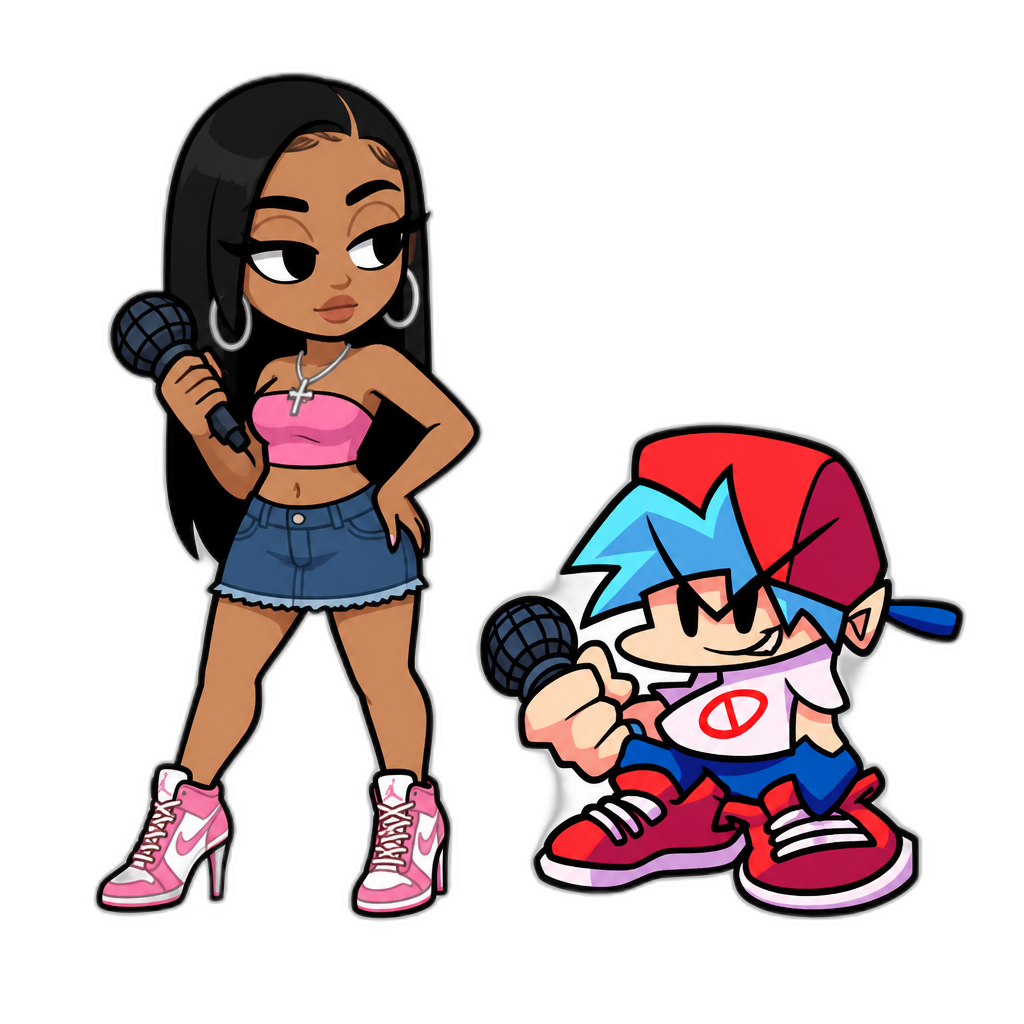 Mariah The Scientist in Friday Night Funkin, 2D cartoon style, long straight hair, pink strapless crop top, blue denim skirt, stiletto sneakers, hoop earrings, cross necklace - AI generated emoji