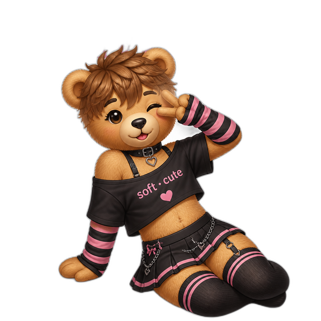 Create a any posing Teddy bear who is a Femboy Maganize CoverBalinese. any fur color - AI generated emoji