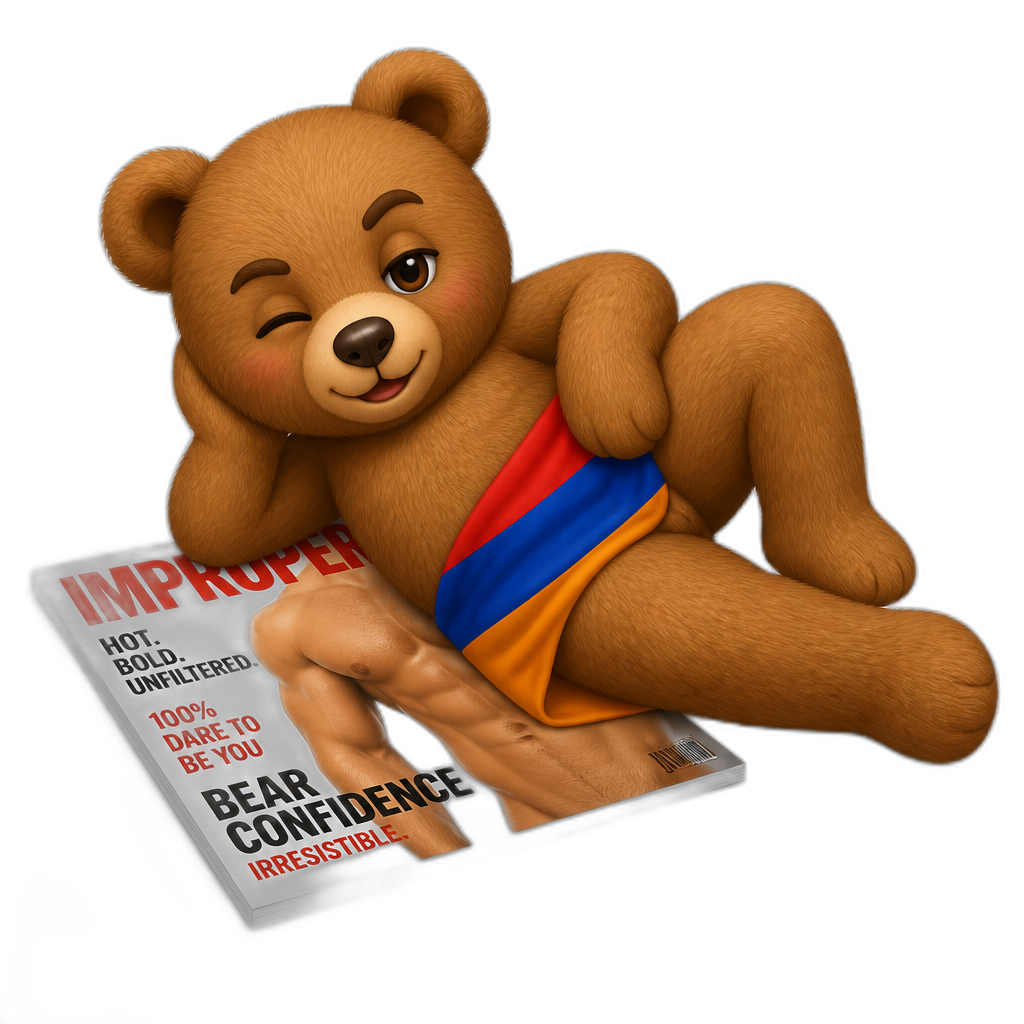 Create a Teddy bear who is a flirty armenia improper on the magazine. different fur color - AI generated emoji
