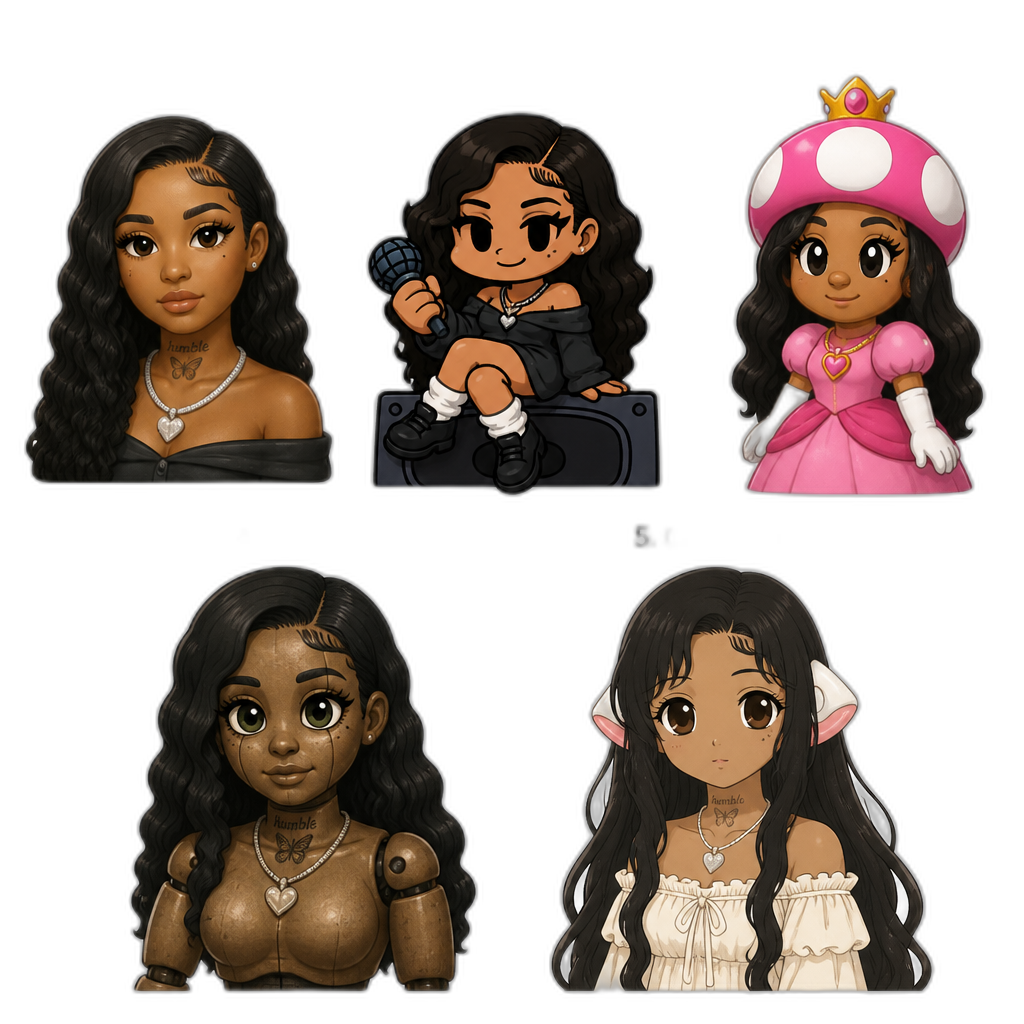 R&B singer Mariah The Scientist in 5 different styles (original, Friday Night Funkin', Super Mario, FNAF, and Chobits) - AI generated emoji