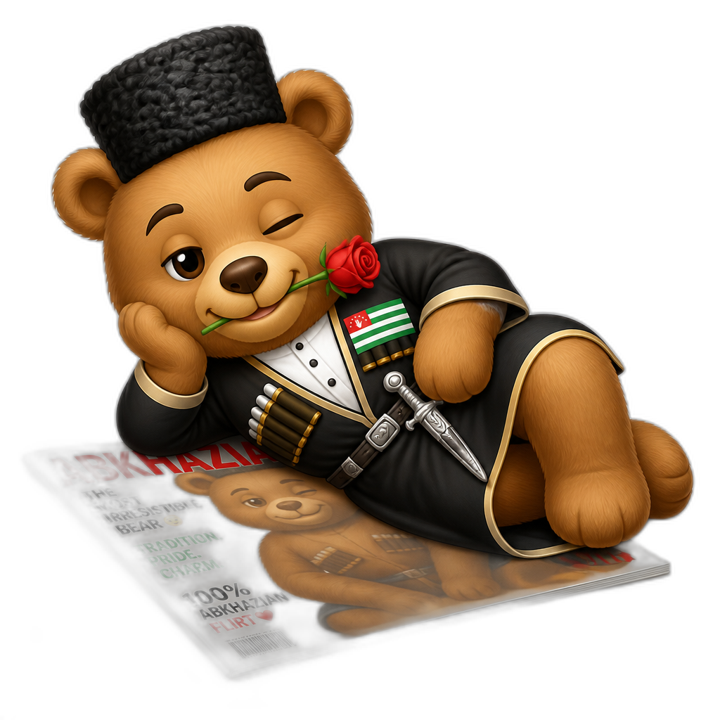 Create a Teddy bear who is a flirty playfully devilish Abkhazian on the magazine. any fur color - AI generated emoji