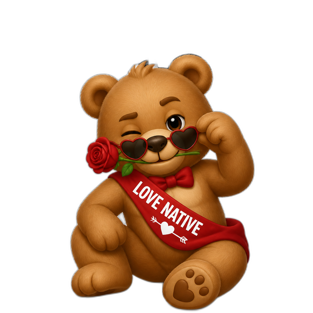 Create a Teddy bear who is a flirty misbehaving love Native on the magazine cover. any fur color - AI generated emoji