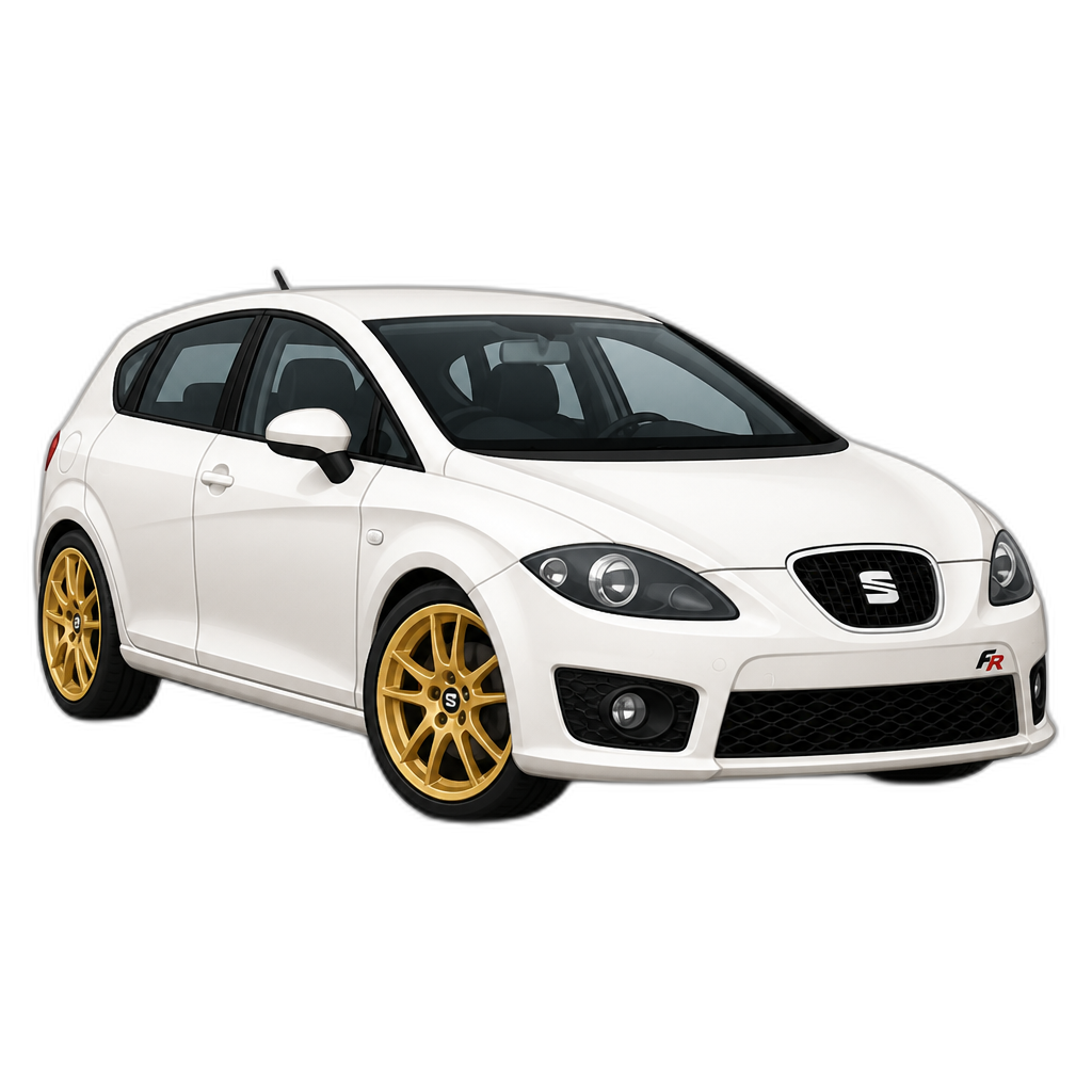 Candy white 2009 seat Leon fr with gold rims and a small red and black fr sticker in the front bumper on the right - AI generated emoji