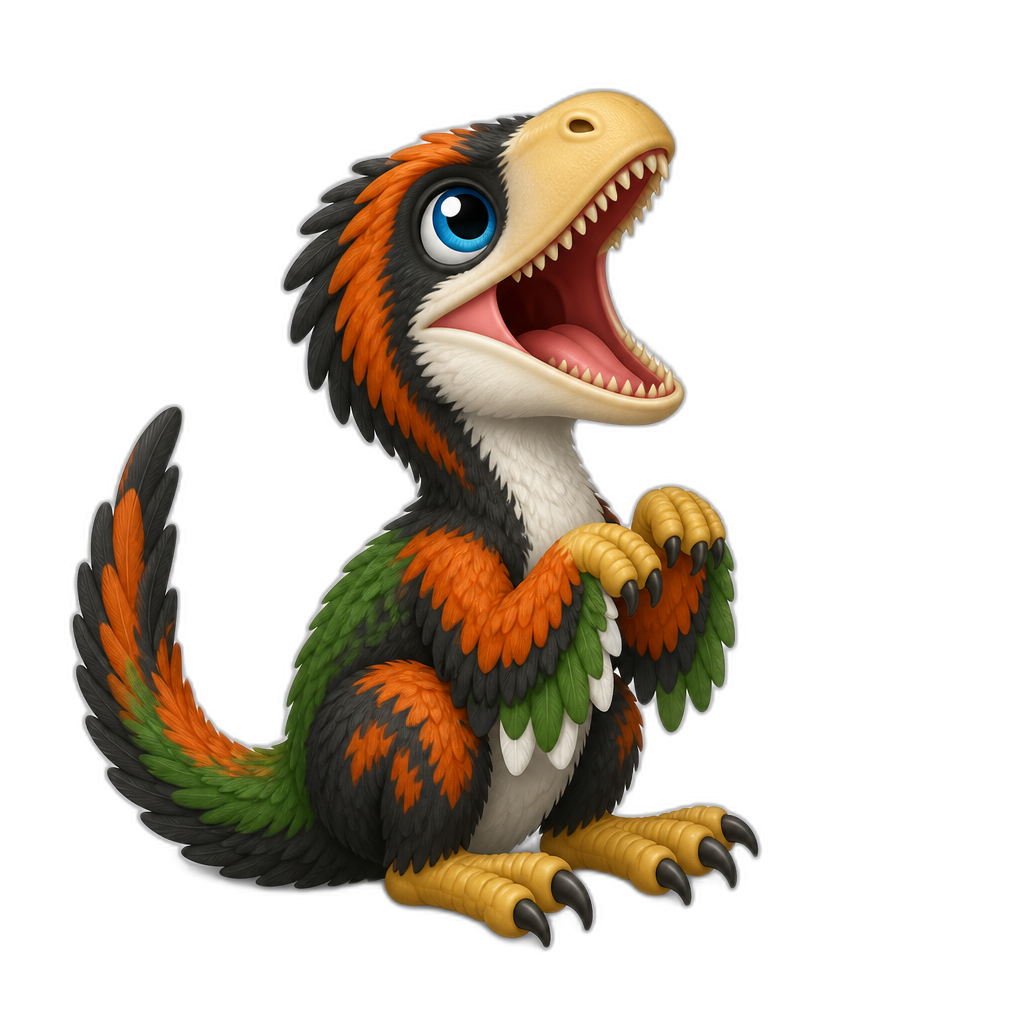 Cute sitting deinonychus raptor dinosaur opening it's jaw wide open in excitement because it's about to be fed. It has a loog beige-yellowish snoot, blue eyes, and orange, green and black feathers and just a little bit of white too, and yellow paws. - AI generated emoji