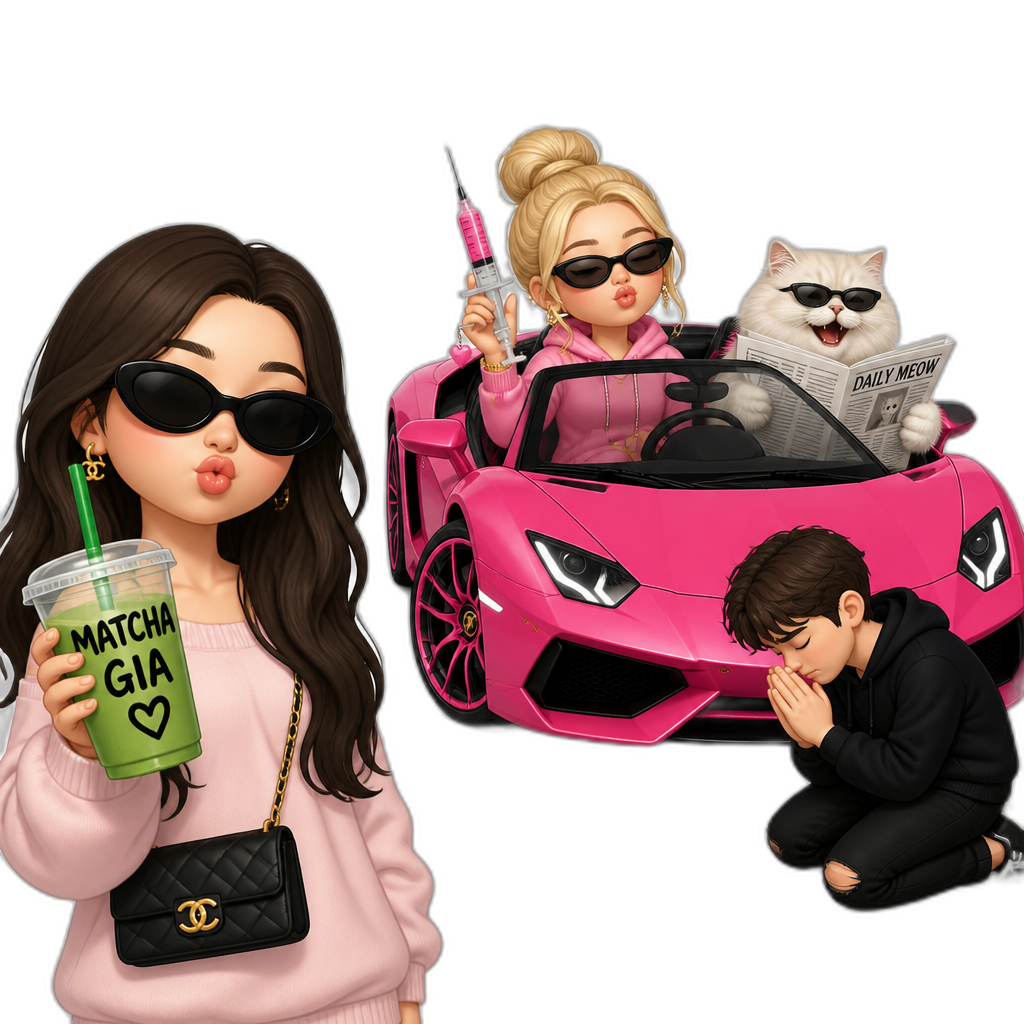 Girl with sunglasses pale skin pouting with a matcha written GIA with a heart and the other holding a pink injection seated in a hot pink lamborghini with a Persian cat laughing reading a newspaper, and a man on the ground with his hand together as if his praying - AI generated emoji
