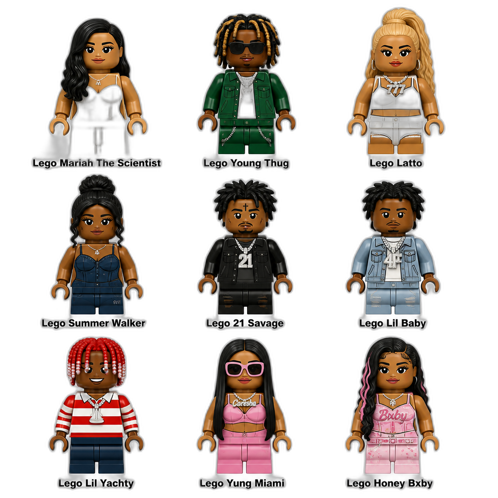 Lego Mariah The Scientist, Lego Young Thug, Lego Latto, Lego Summer Walker, Lego 21 Savage, Lego Lil Baby, Lego Lil Yachty, Lego Yung Miami and Lego Honey Bxby - AI generated emoji