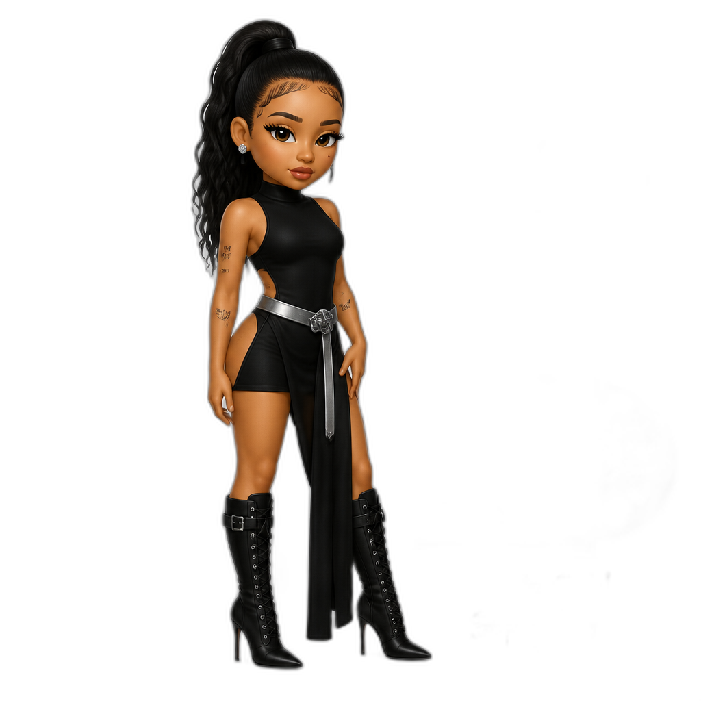 Mariah The Scientist, black sleeveless ninja dress, black stiletto combat boots, silver belt around dress, hair up in ponytail, 'Burning Blue' music video shoot, 'Hearts Sold Seperately' album - AI generated emoji
