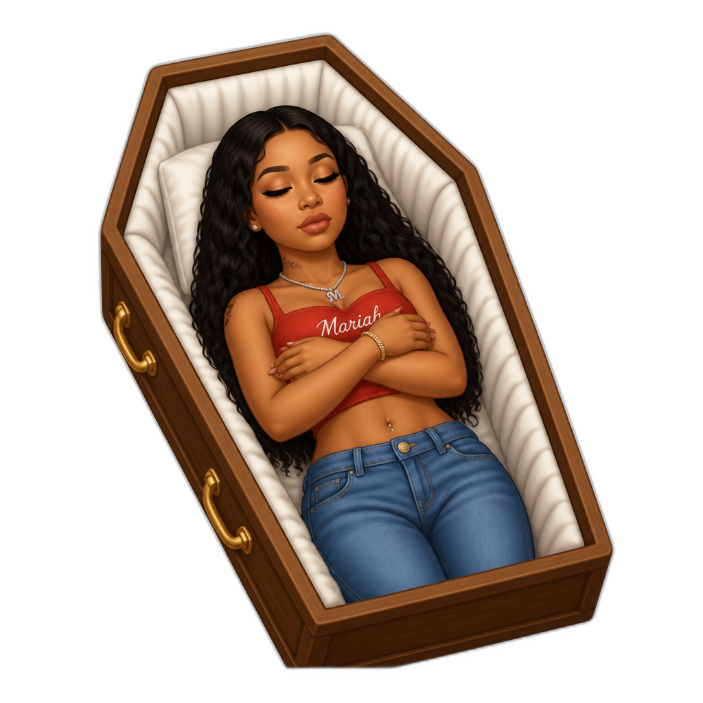 Mariah The Scientist in a coffin, red crop top, blue jeans - AI generated emoji