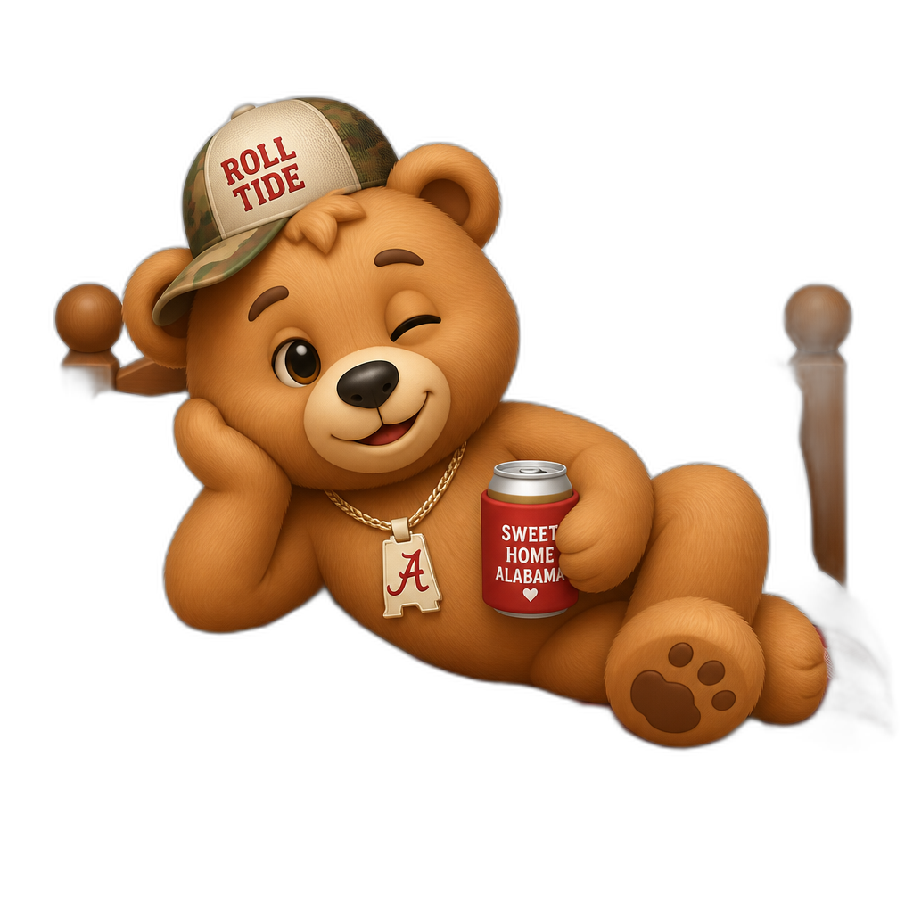 Create a Teddy bear who is a flirty Alabamian on the bed. any fur color or hairstyle - AI generated emoji