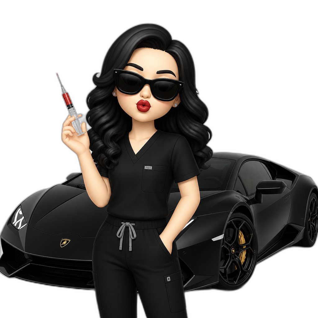 Girl in black scrubs pouting black curled hair and black sunglasses holding an injection with red lipstick pale skin with a black lamborghini behind - AI generated emoji