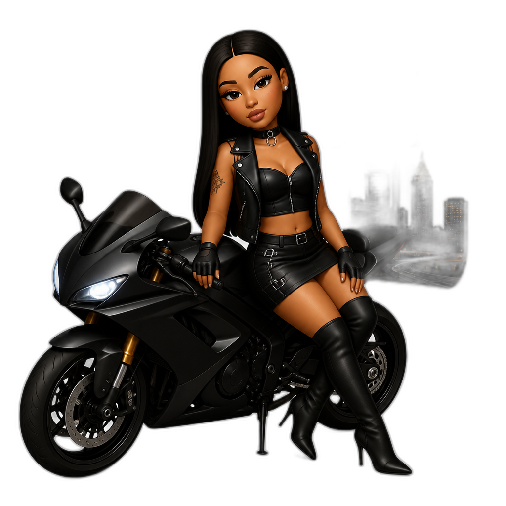 Mariah The Scientist as a biker babe, black leather crop top, sleeveless vest, skirt, stiletto boots, choker, finger gloves, nighttime, Atlanta, long straight hair - AI generated emoji