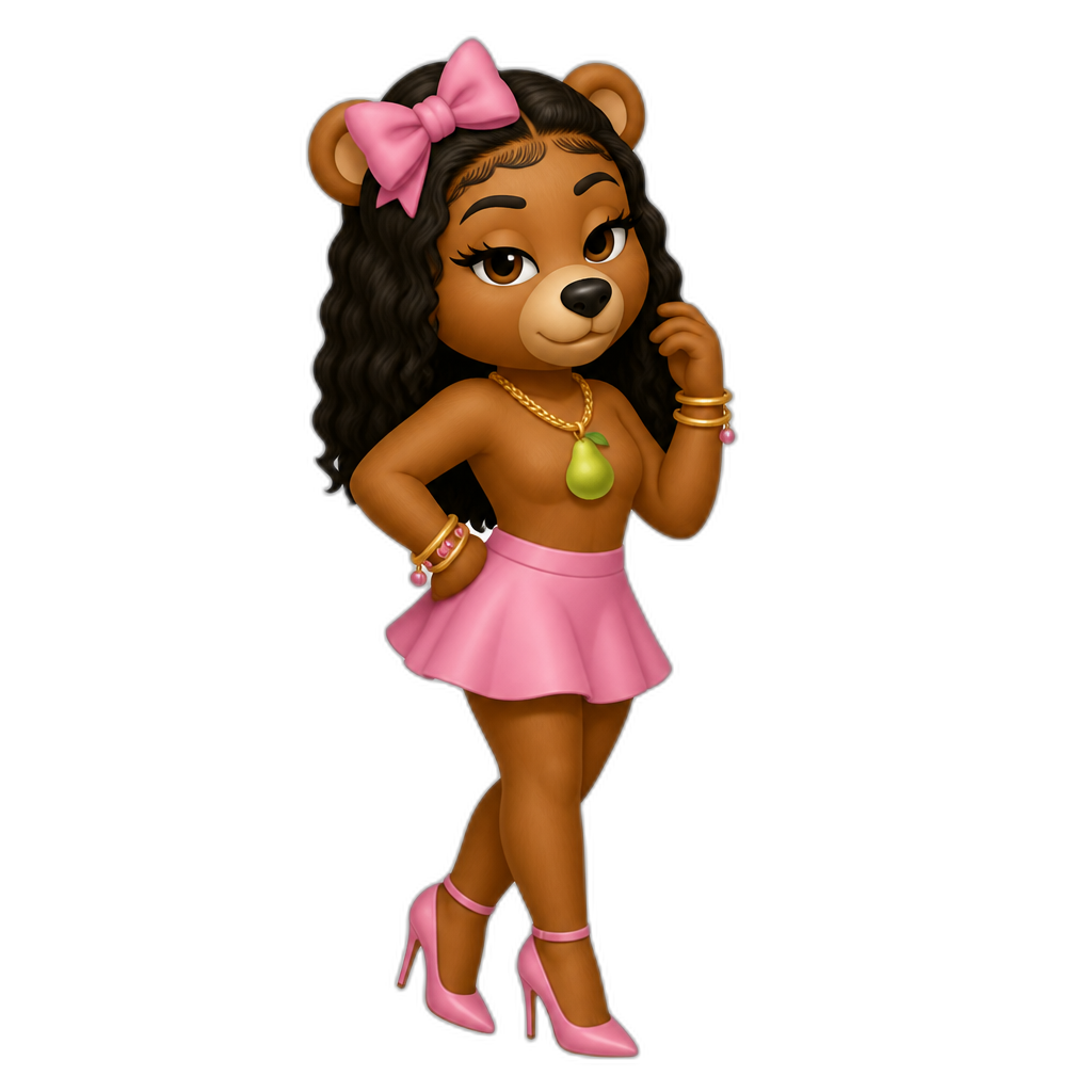 Mariah The Scientist in Yogi Bear, anthro bear in a skirt, hairbow, pear necklace, bracelets, stilettos - AI generated emoji