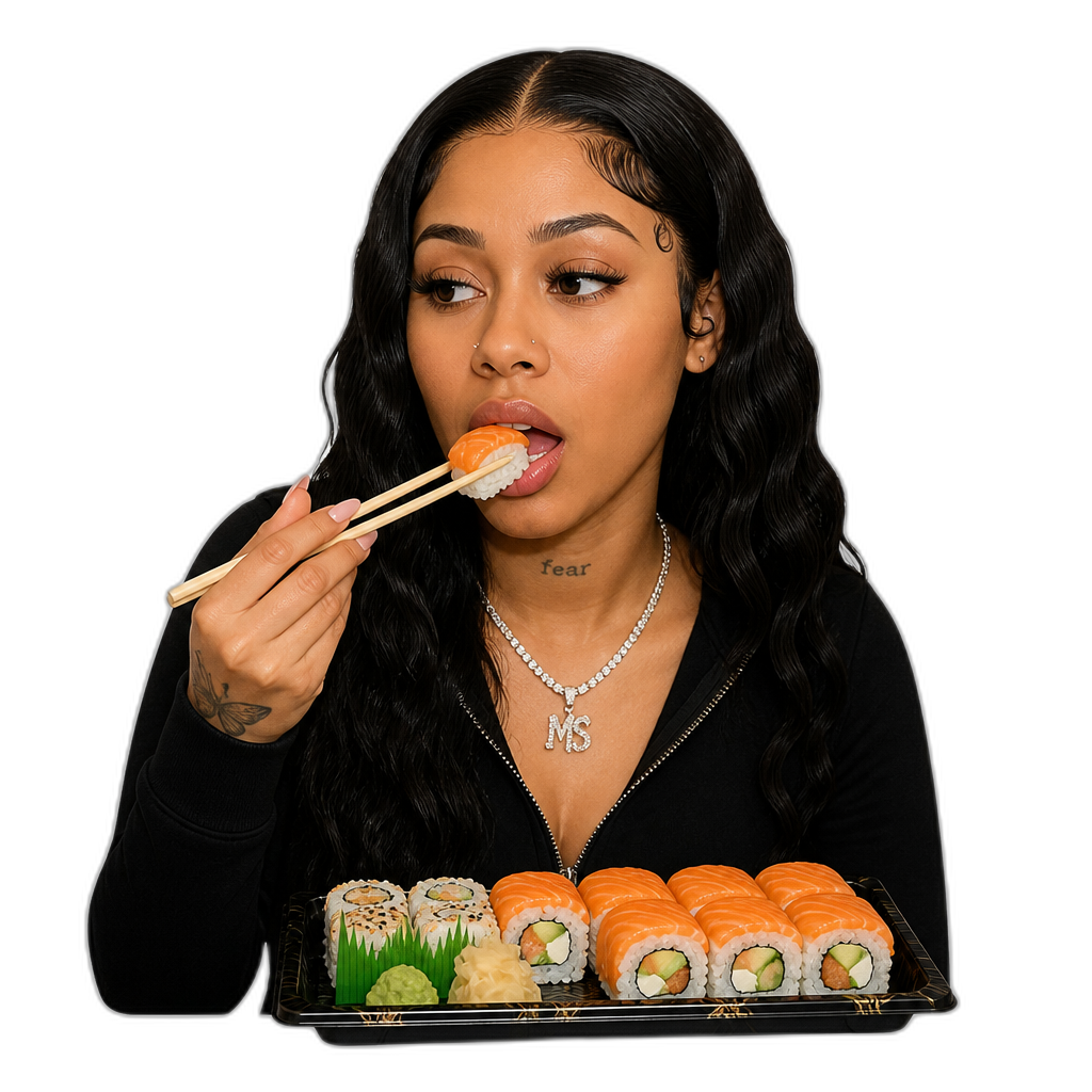Mariah The Scientist, photorealistic, eating sushi - AI generated emoji