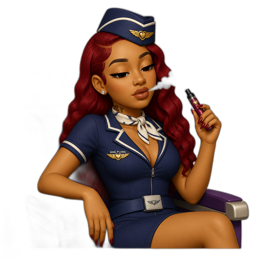 Mariah The Scientist as a Soul Plane stewardess, vaping and relaxing, red hair - AI generated emoji