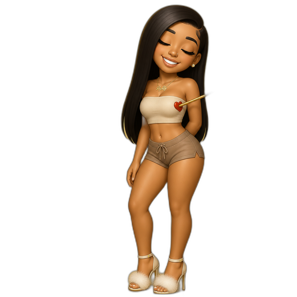 Mariah The Scientist in a light beige strapless crop top, dark beige shorts, eyes closed, smiling, teeth showing, Cupid's arrow through her chest, white fluffy stilettos, 'Ry Ry World' album cover remake, long straight hair (sideswept), light gold background - AI generated emoji