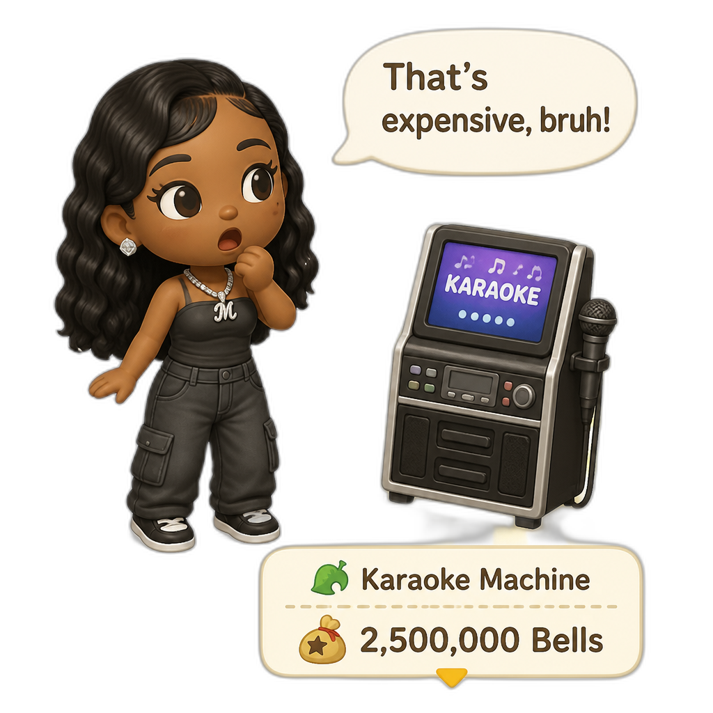 Mariah The Scientist as a Human Villager, Animal Crossing, finding an expensive item worth millions of Bells, saying "That's expensive, bruh!", karaoke machine item - AI generated emoji