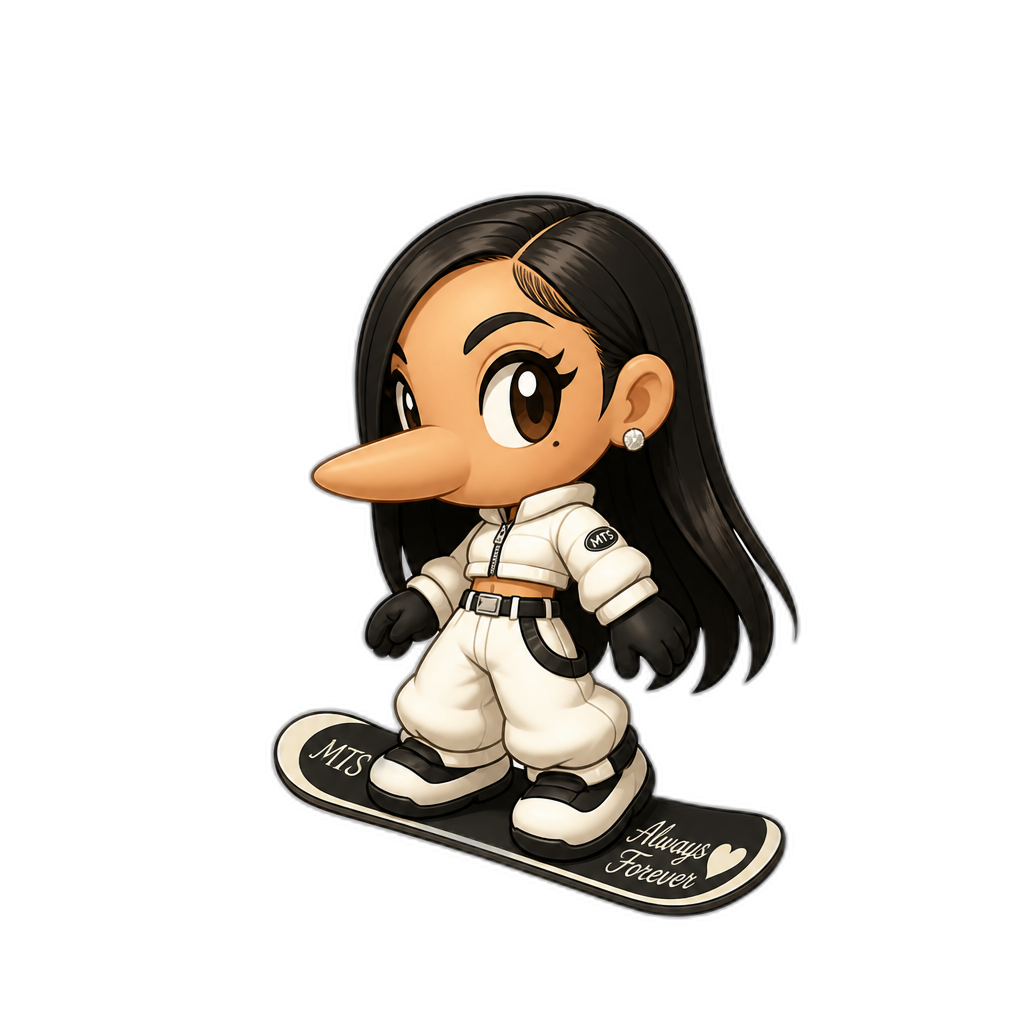 Mariah The Scientist in Snobow Kids/Snowboard Kids art style, long pointy nose, chibi body, long straight hair, Racdym (video game company), Atlus - AI generated emoji