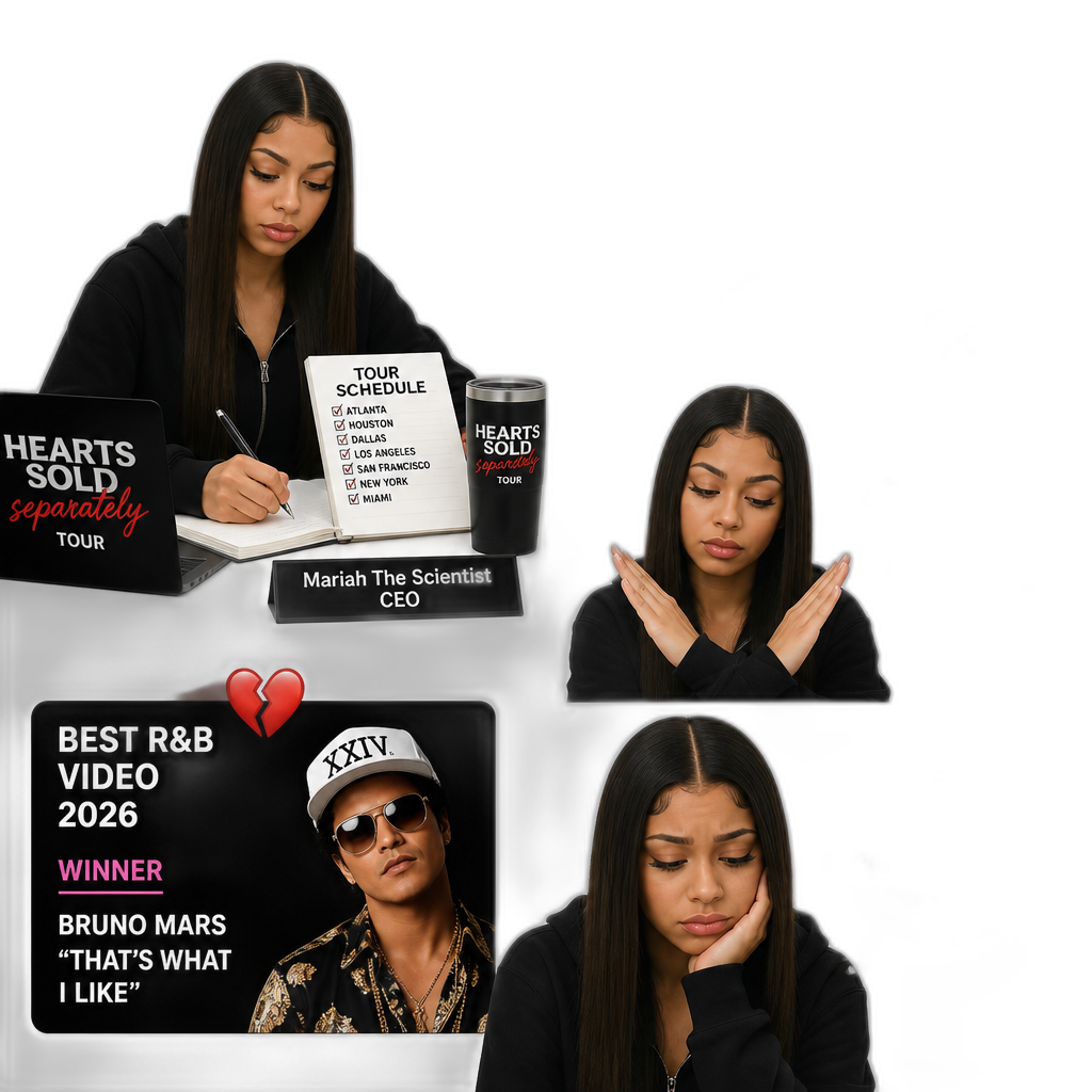 Mariah The Scientist being too busy with her Hearts Sold Separately tour, too busy to be at the 2026 VMAs, lost against Bruno Mars for Best R&B Video, long straight hair, photorealistic - AI generated emoji