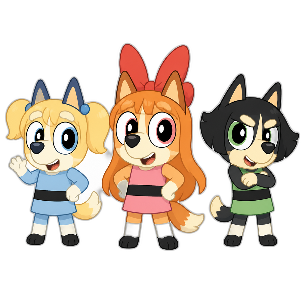 Powerpuff Girls Z in Bluey cartoon style, anthro puppies - AI generated emoji