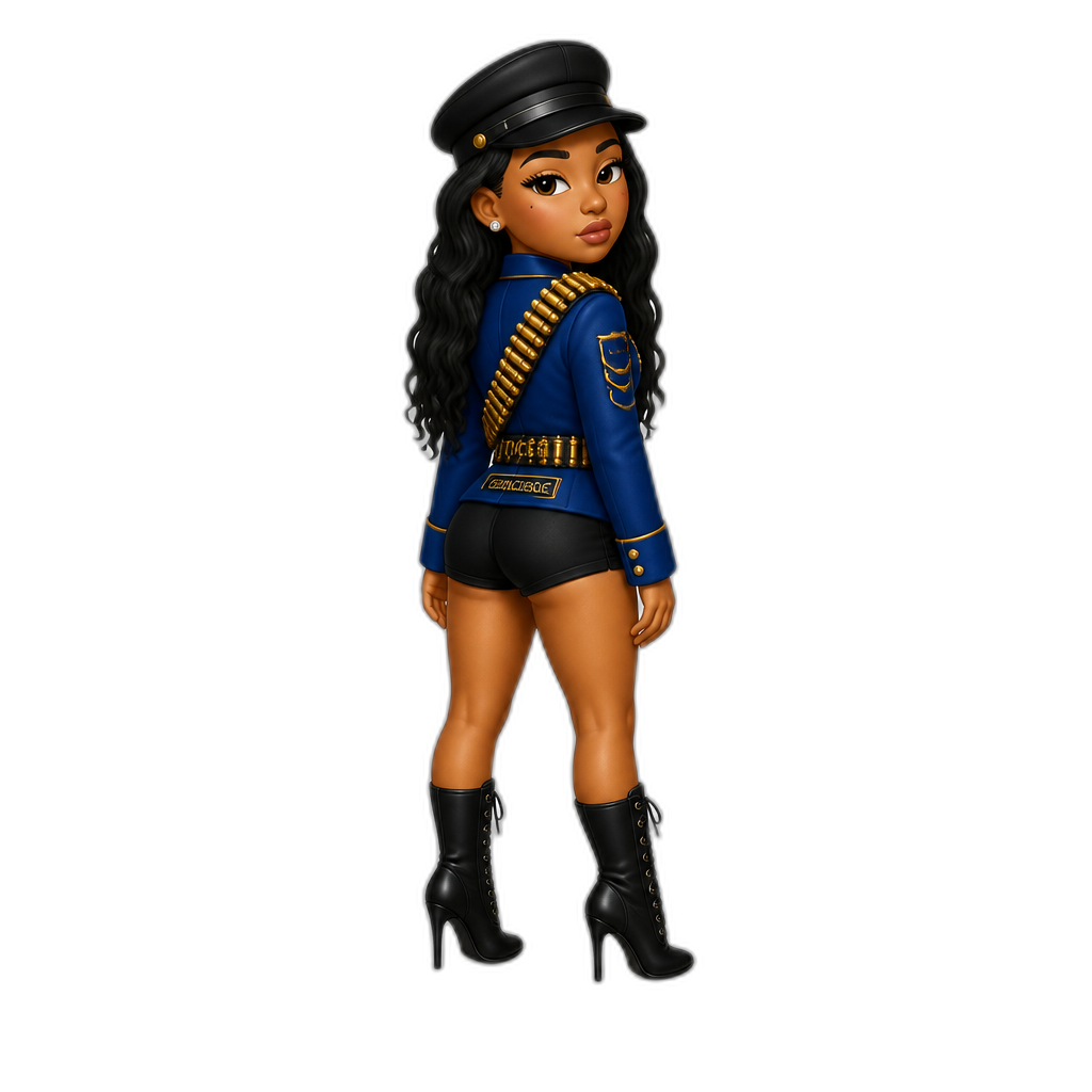 Mariah The Scientist, blue long sleeved concierge jacket, gold bullet shoulder strap, black shorts, black army cap, black stiletto boots, 'Burning Blue' music video shoot, 'Hearts Sold Seperately' album, 2025 - AI generated emoji