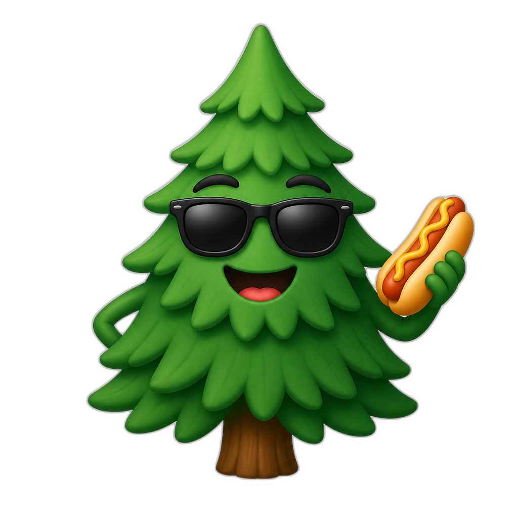 an evergreen tree, smiling and wearing sunglasses. but it's holding a hotdog - AI generated emoji