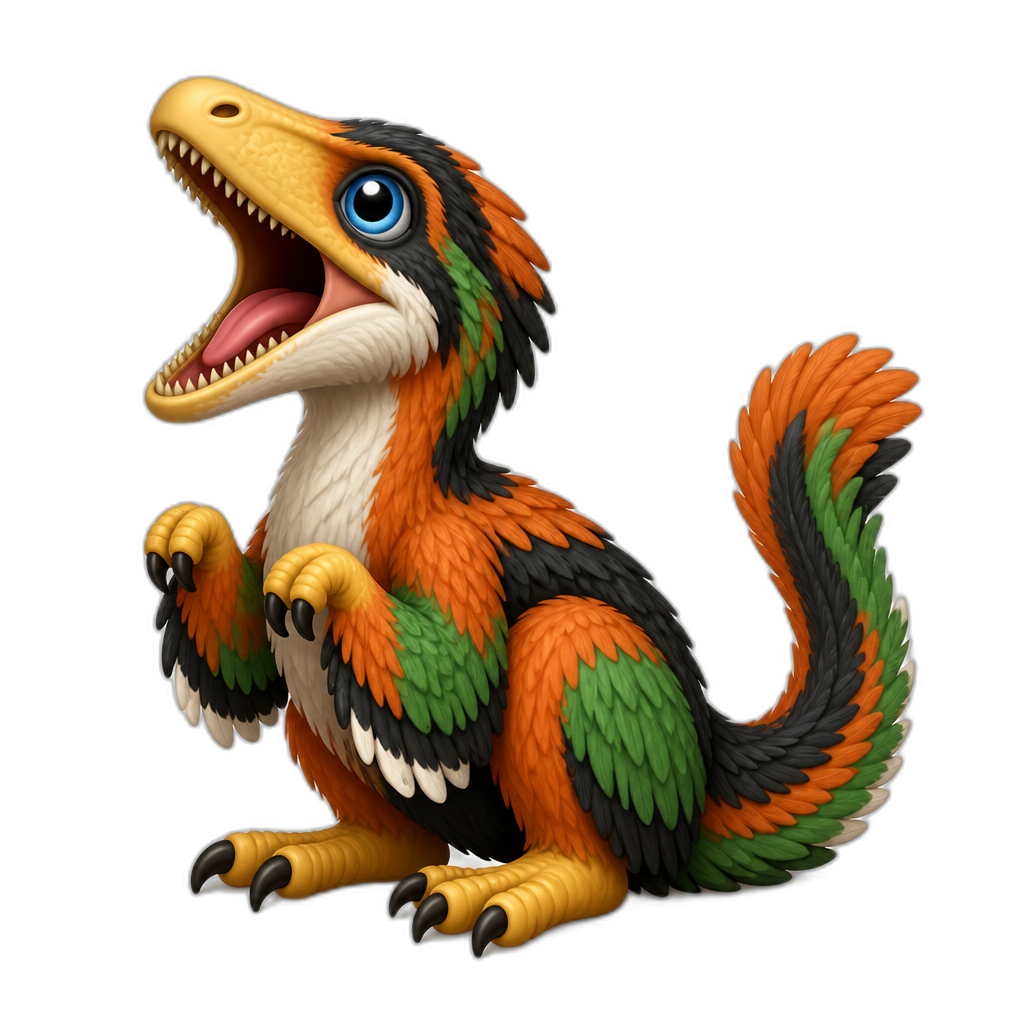 Cute sitting deinonychus raptor dinosaur opening it's jaw wide open in excitement because it's about to be fed. It has a long beige-yellowish snoot, blue eyes, and orange, green and black feathers and just a little bit of white too, and yellow paws. Its tail is a little more fluffy at it's tip. - AI generated emoji