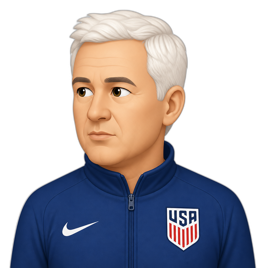 a middle aged white man with white hair with his head slightly turned to the left in a blue zipped jacket with the USA soccer logo on the right and his lips slightly pursed - AI generated emoji