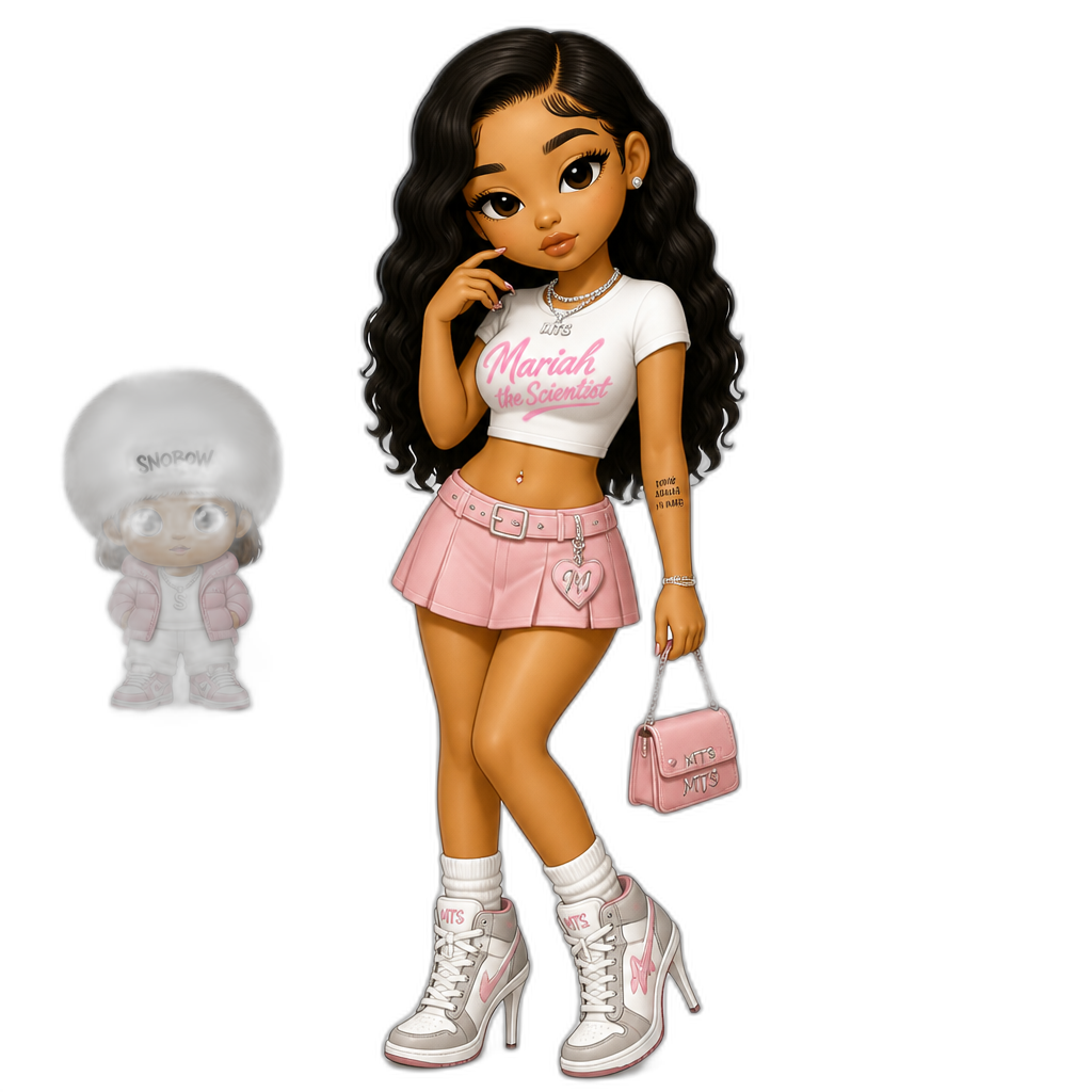 Mariah The Scientist, Snobow Kids art style, crop top, skirt, stiletto sneakers, Atlus, Racdym - AI generated emoji