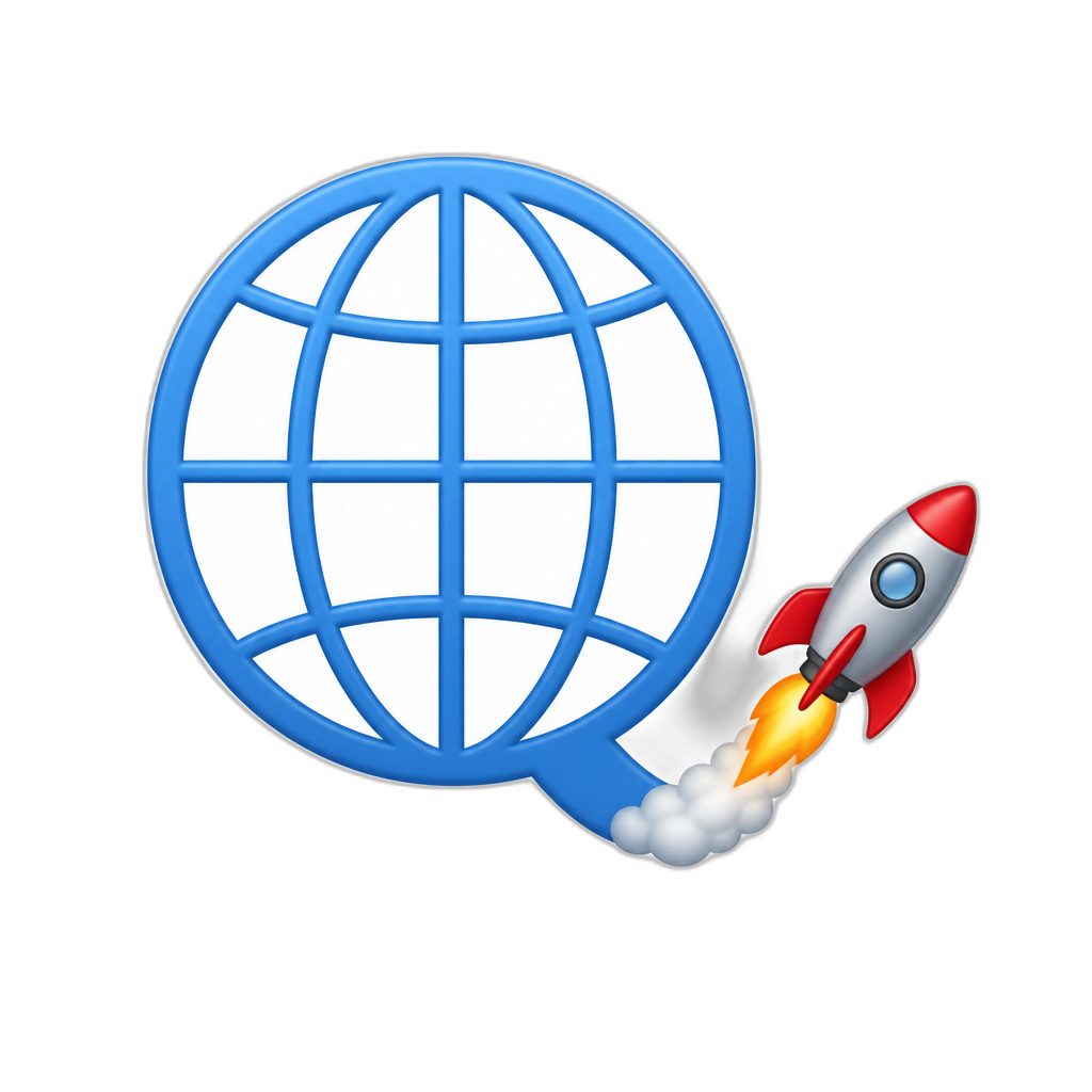 globe with meridian lines with rocket flying upwards from lower-right corner, making the globe look like capital letter Q - AI generated emoji