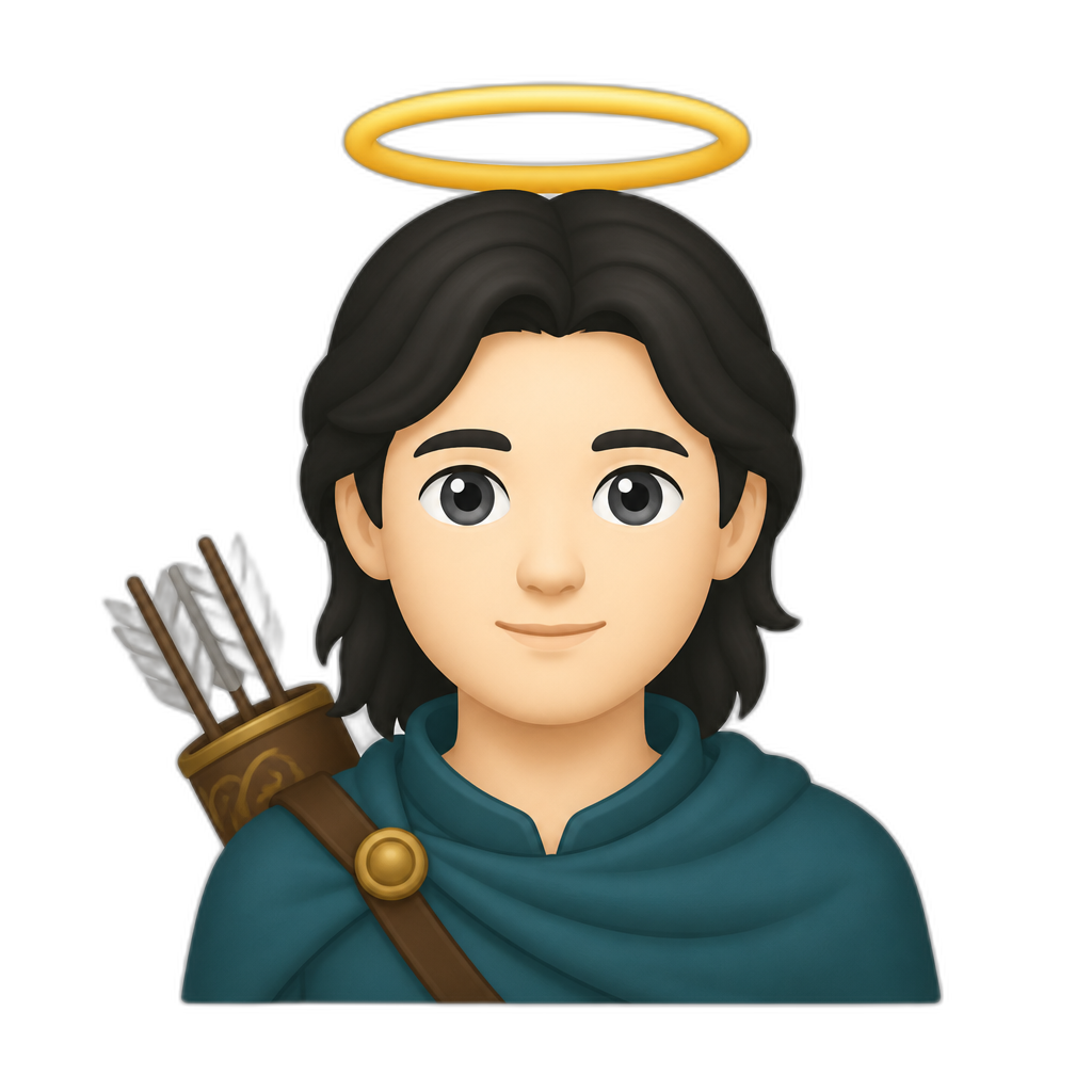 Gender-neutral High Elf with halo over head, fair skin tone, dark hair, grey eyes, teal cloth, quiver on the left shoulder; flat minimal Noto Emoji style. No pointy ears. - AI generated emoji