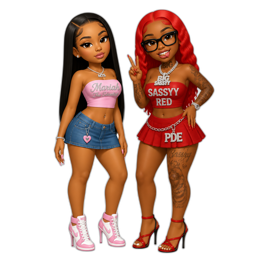 Mariah The Scientist collabing with Sassyy Red (female rapper, black female, red hair, glasses, strapless crop top, skirt, stilettos), Mariah with long straight hair, pink strapless crop top, blue denim skirt, stiletto sneakers - AI generated emoji