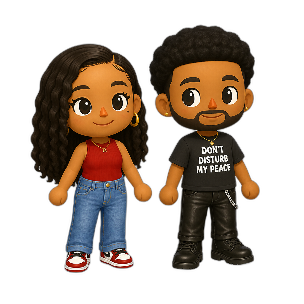 Mariah The Scientist and Brent Faiyaz as Animal Crossing Human Villagers (Mariah in a sleeveless red top, sneakers and jeans) (Brent in a T-Shirt that says 'DON'T DISTURB MY PEACE', black leather pants and black boots) - AI generated emoji