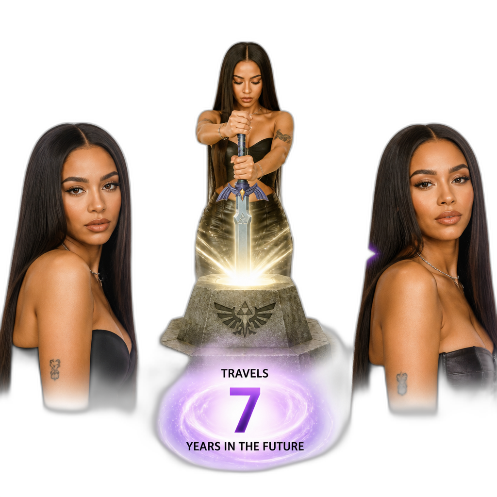 Mariah The Scientist pulling the Master Sword out of the Pedestal of Time, magically travelling seven years in the future, making herself 36 years old, photorealistic, long straight hair, 29 years old (present), 36 years old (seven years later), before and after - AI generated emoji