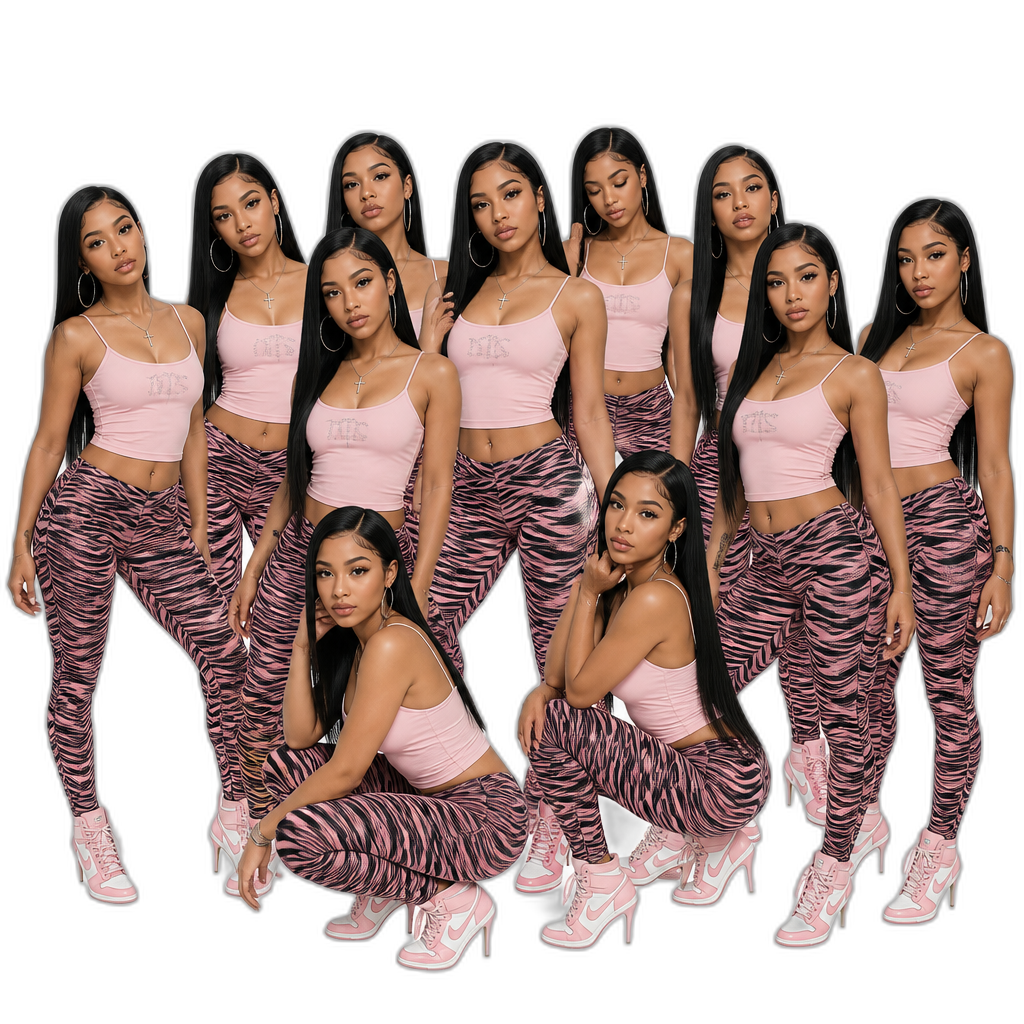 Mariah The Scientist with a bunch of her clones, photorealistic, long straight hair, pink camisole sleeveless crop top, pink zebra print leggings, stiletto sneakers, hoop earrings, cross necklace - AI generated emoji