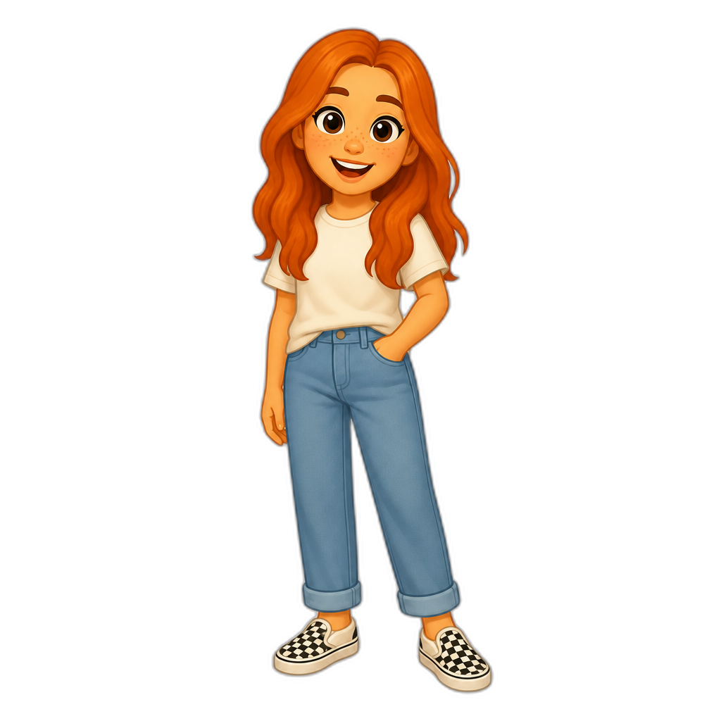 Chilli Heeler as a human, cartoon style, 2D, long orange hair, slipon shoes - AI generated emoji
