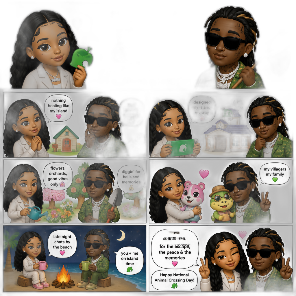 Mariah The Scientist x Young Thug comic page, celebrating National Animal Crossing Day - AI generated emoji