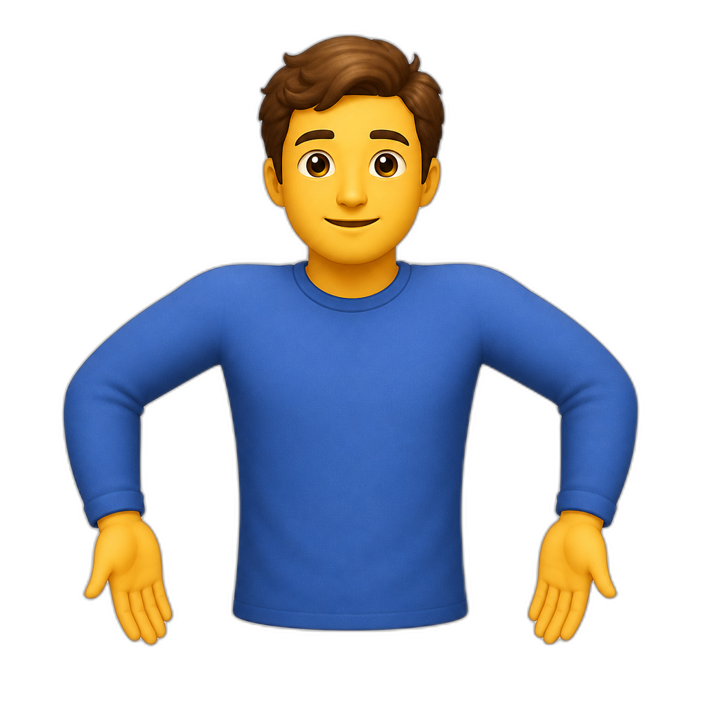 Upper body of a man, cropped at the waist. Arms akimbo with elbows pushed further outward, creating a wider and more pronounced half-circle arc. Hands hang loosely at hip level, palms facing forward toward the viewer. Front-facing - AI generated emoji
