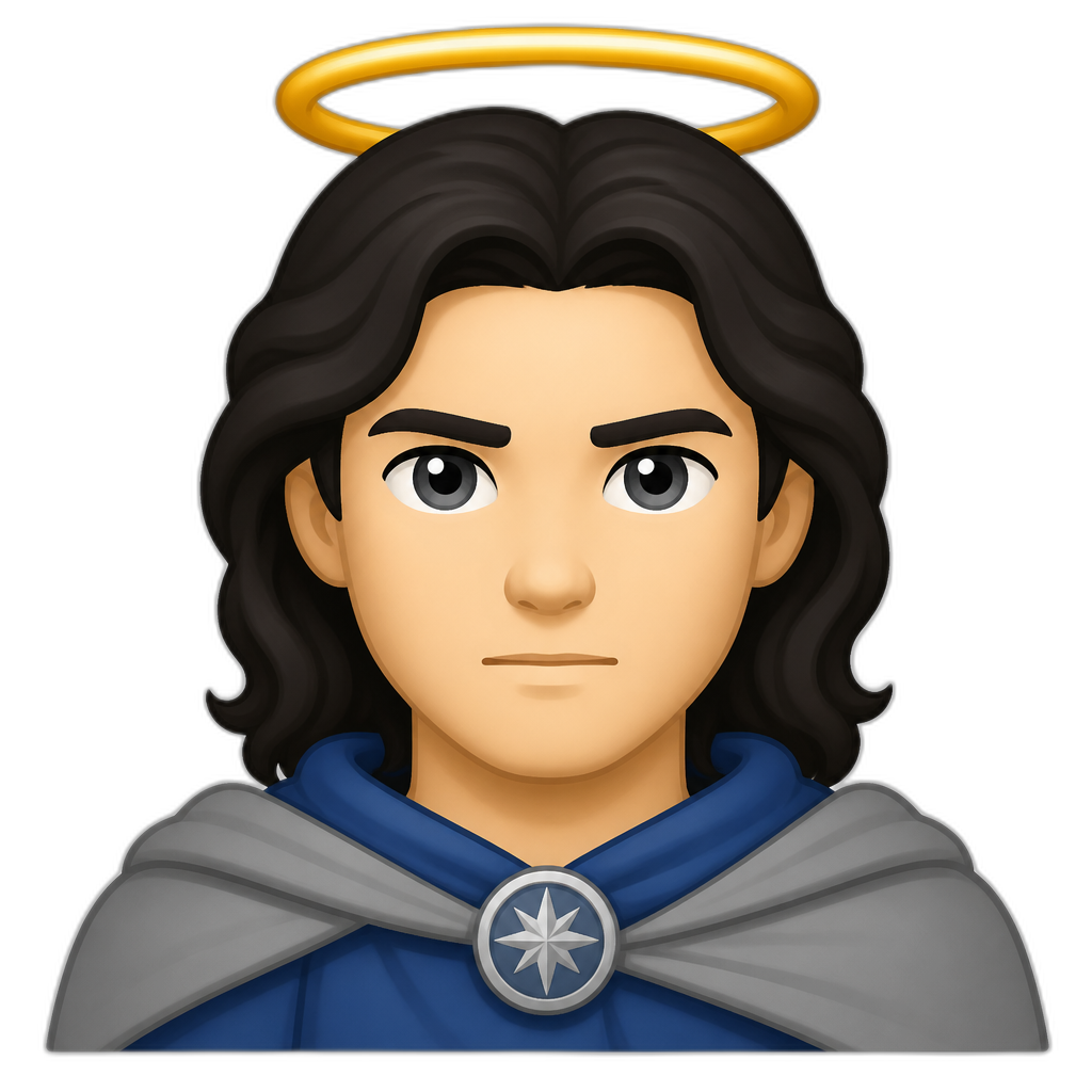 Mighty legendary Elf lord/lady (no specific gender) with halo over head, fair skin tone, dark hair, grey eyes, blue cloth, grey cape, brooch; serious expression. Closeup portrait. FLAT thick minimal style. No pointy ears, no gender. - AI generated emoji