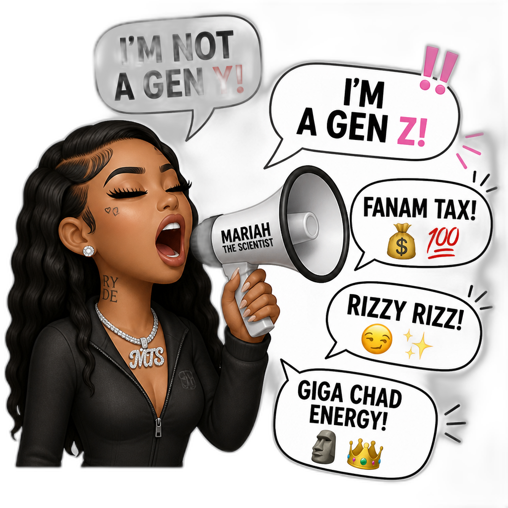Mariah The Scientist yelling that she's not a Gen Y, but a Gen Z, and yelling fanam tax and rizzy rizz and Giga Chad stuff - AI generated emoji
