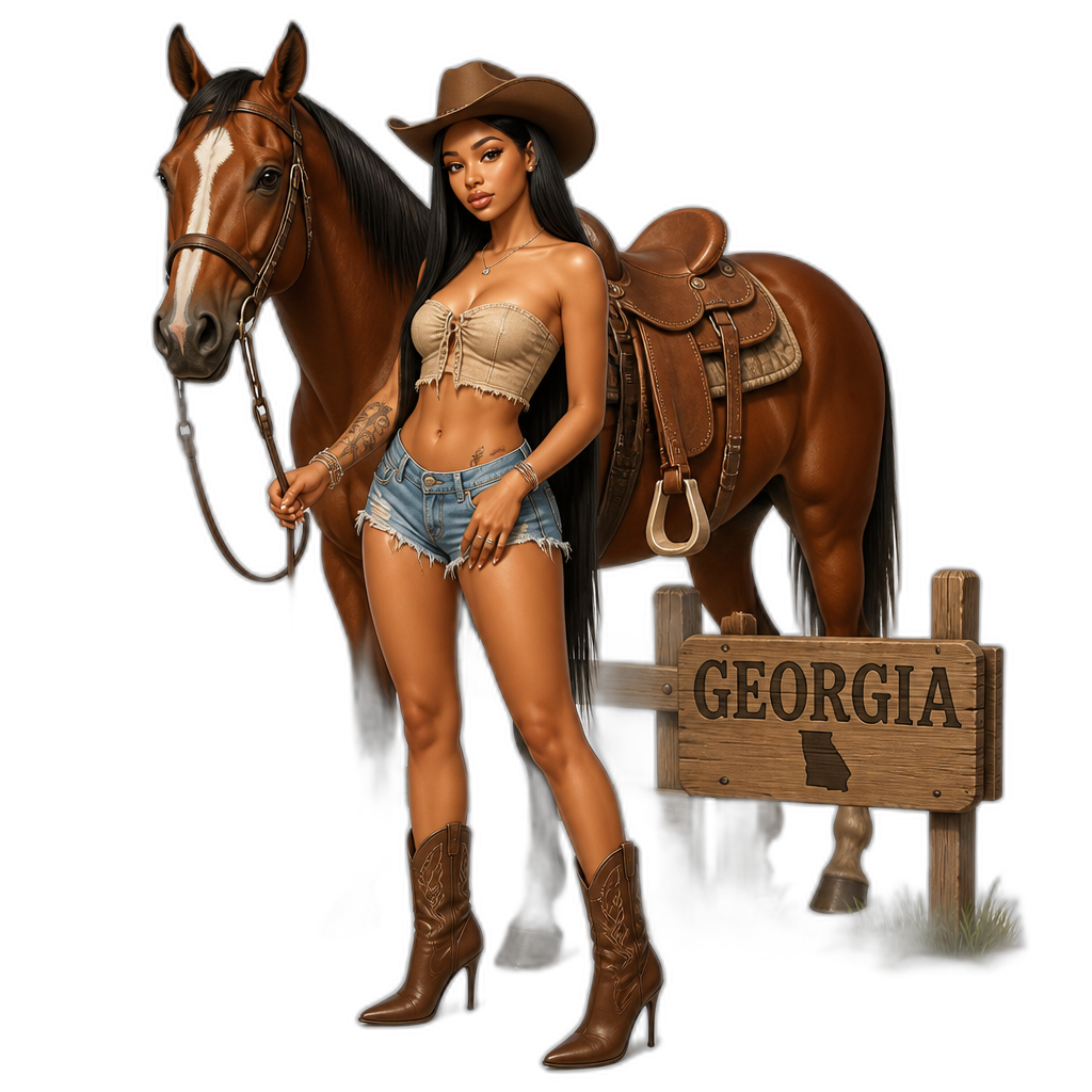 Mariah The Scientist as a cowgirl babe, photorealistic, long straight hair, cowgirl hat, strapless crop top, denim shorts, stiletto boots, brown horse, at the ranch in Georgia - AI generated emoji