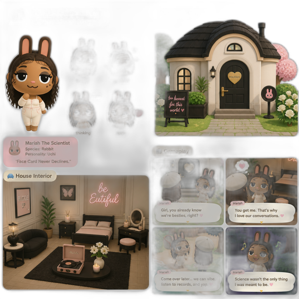 Mariah The Scientist as an Uchi Rabbit Villager, her house, exterior and interior, gameplay footage - AI generated emoji