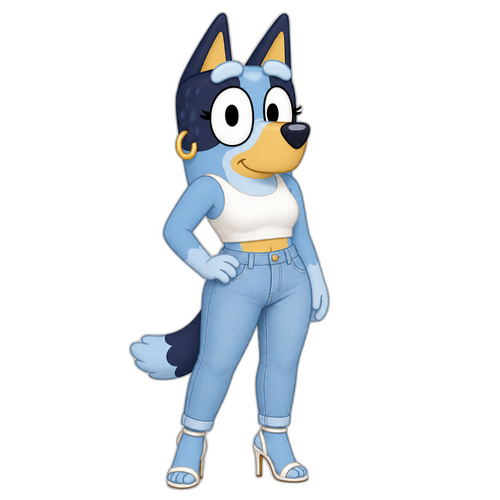 Bluey, grownup, crop top, jeans, stilettos, earrings - AI generated emoji