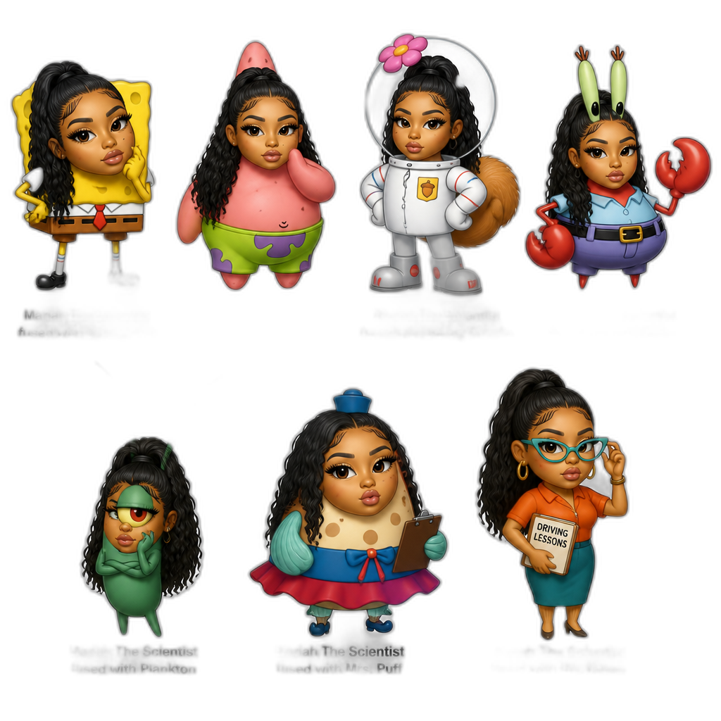 Mariah The Scientist fused with Spongebob, Mariah The Scientist fused with Patrick, Mariah The Scientist fused with Sandy Cheeks, Mariah fused with Mr. Krabs, Mariah fused with Plankton, Mariah fused with Mrs. Puff, Mariah fused with Ms. Keane - AI generated emoji
