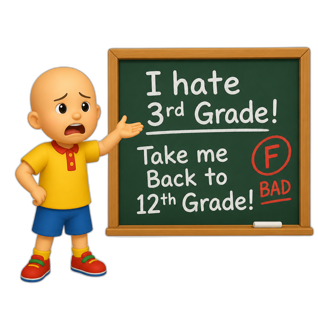 I hate 3rd Grade! Take me Back to 12th Grade! (Classic caillou wrote bad on the board) - AI generated emoji